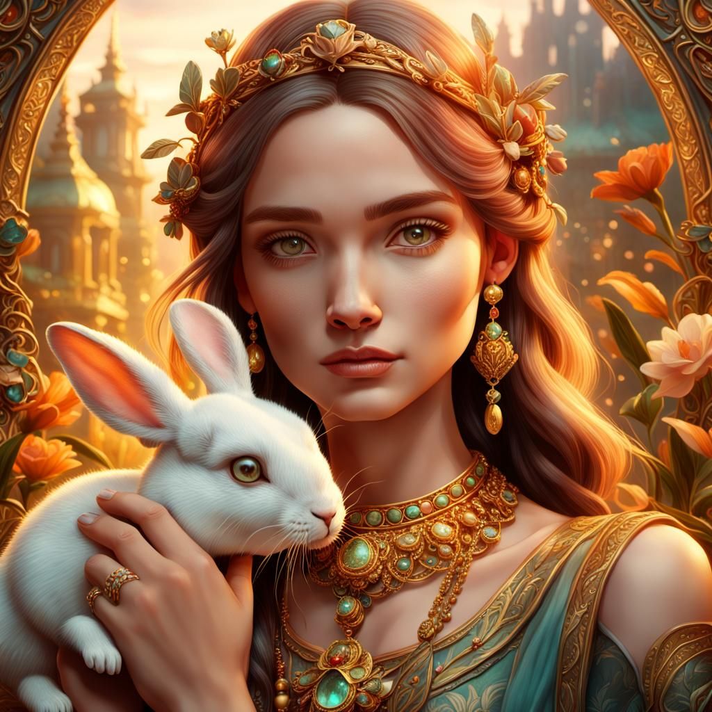 Woman with Rabbit: Hyperrealistic Art Nouveau Portrait