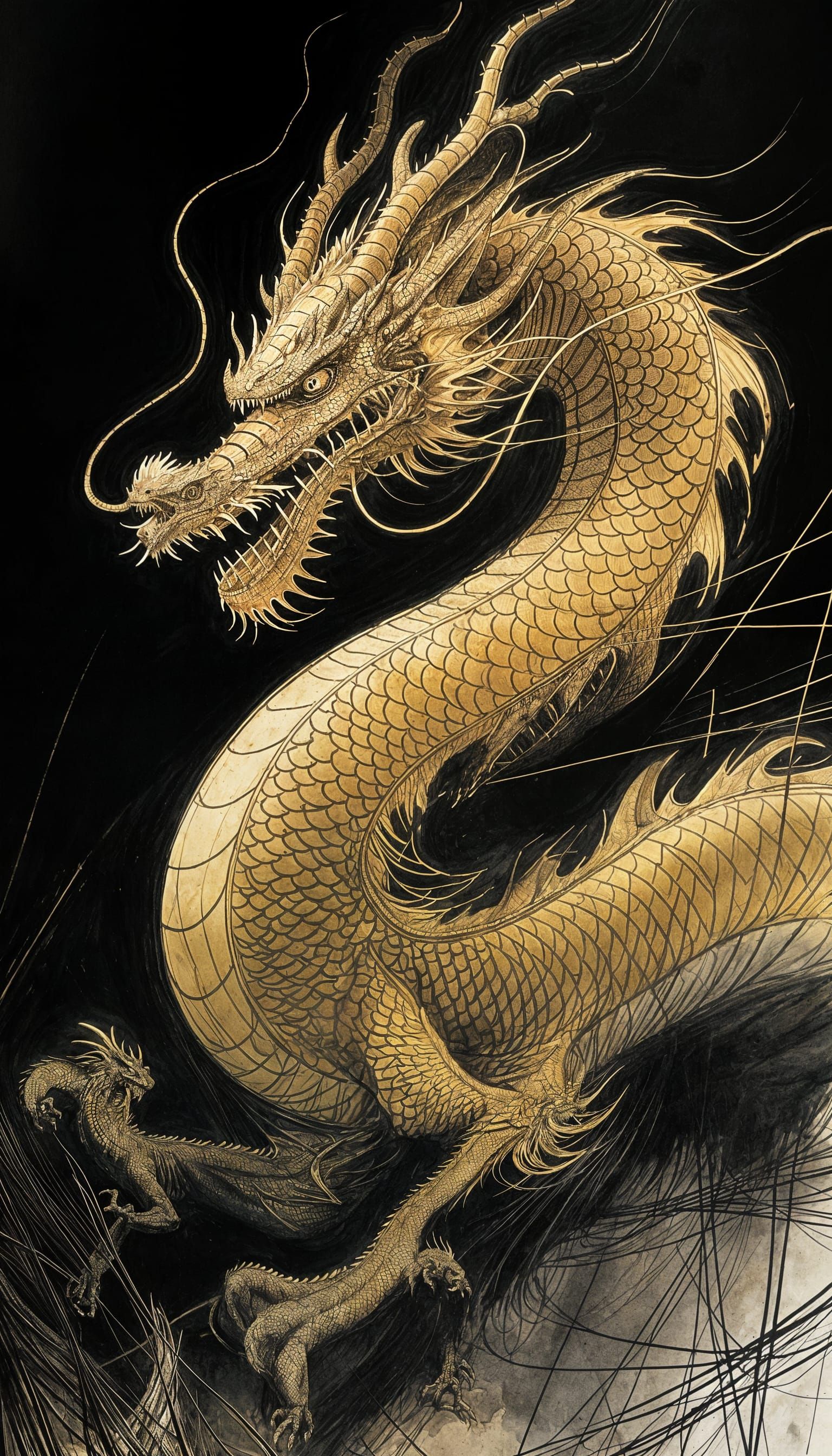 Colossal Golden Dragon in Chiaroscuro Ink and Watercolor