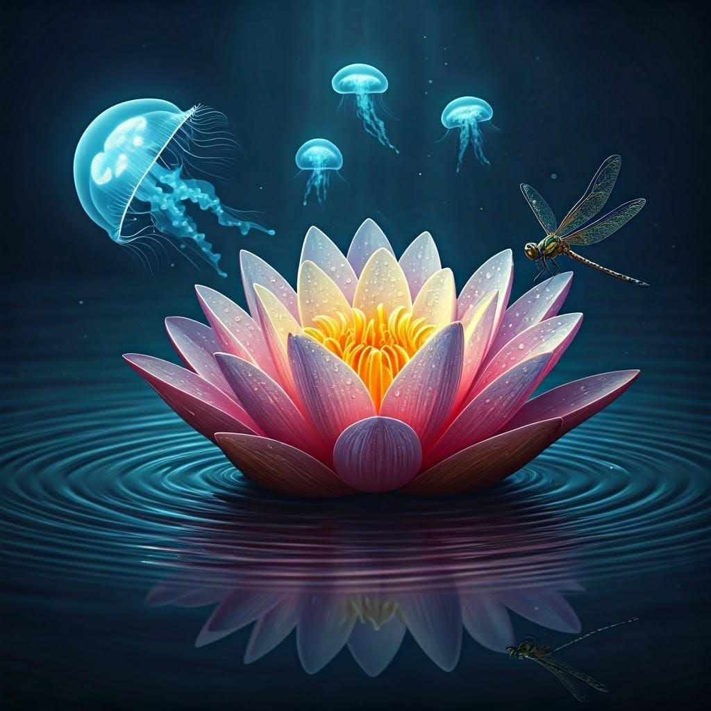 Luminous Jellyfish and Water Lily Reflection