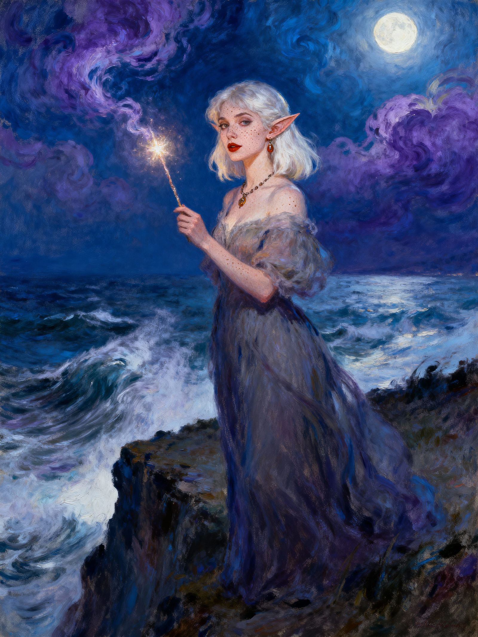 Elf Sorceress on Cliff Edge at Night in Impressionist Style