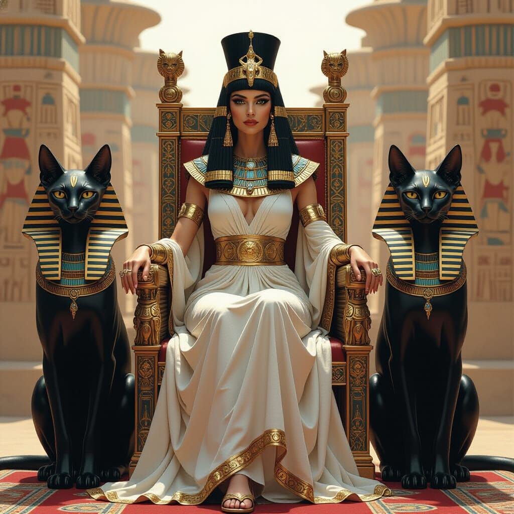 Cleopatra with Sphinx Guardian Cats: A Mythical Scene