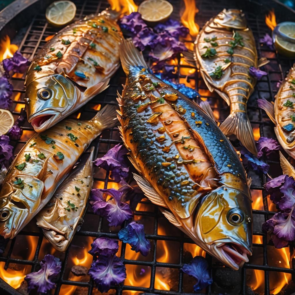 Juicy Fish Sizzling on Grill in Fantasy Art