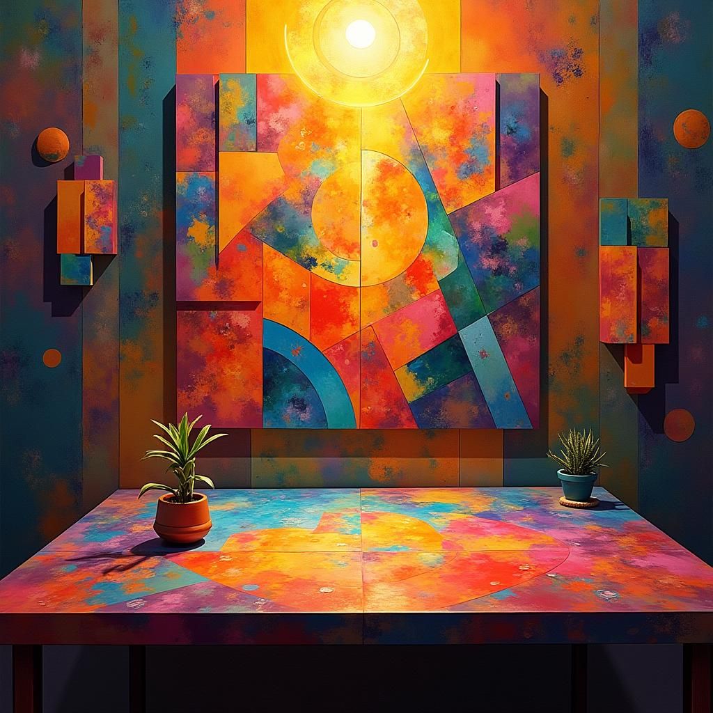 Abstract Cubist Painting on Table in Art Deco Style