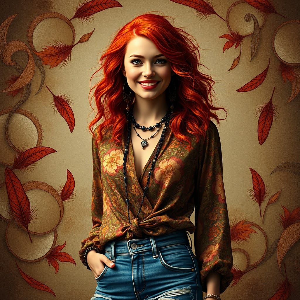 Retro-Gypsy Woman Radiates Joy in Vibrant Art Nouveau-Inspir...