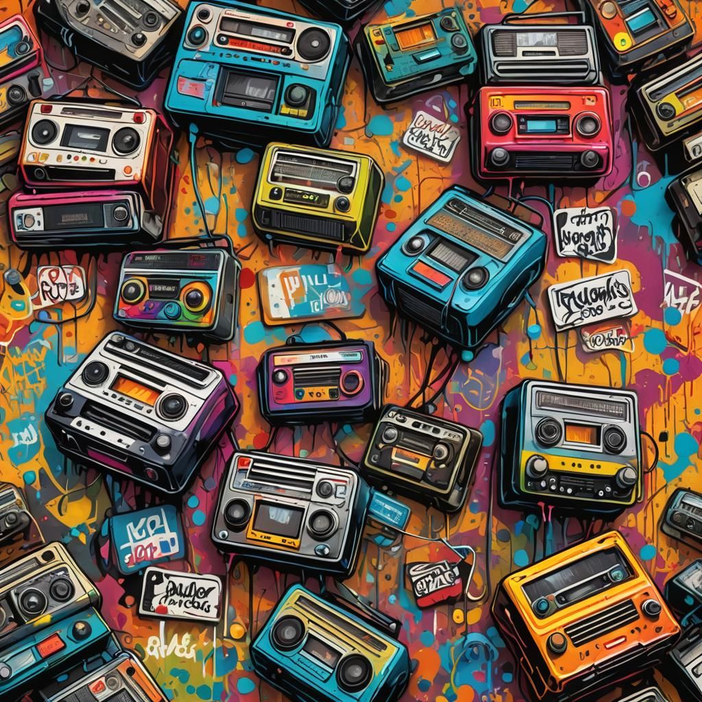 Stacked Antique Radios in Graffiti Splash Art