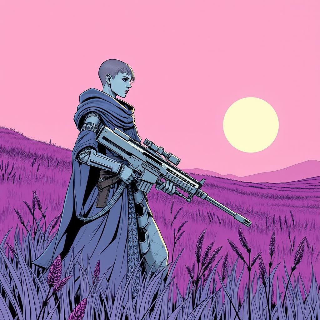Cyberpunk Huntress in Ultraviolet Grasslands