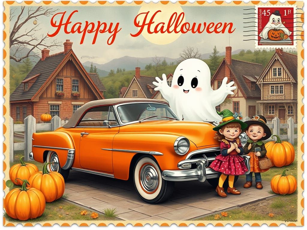 Cute Halloween Postcard with Vintage Car and Ghost