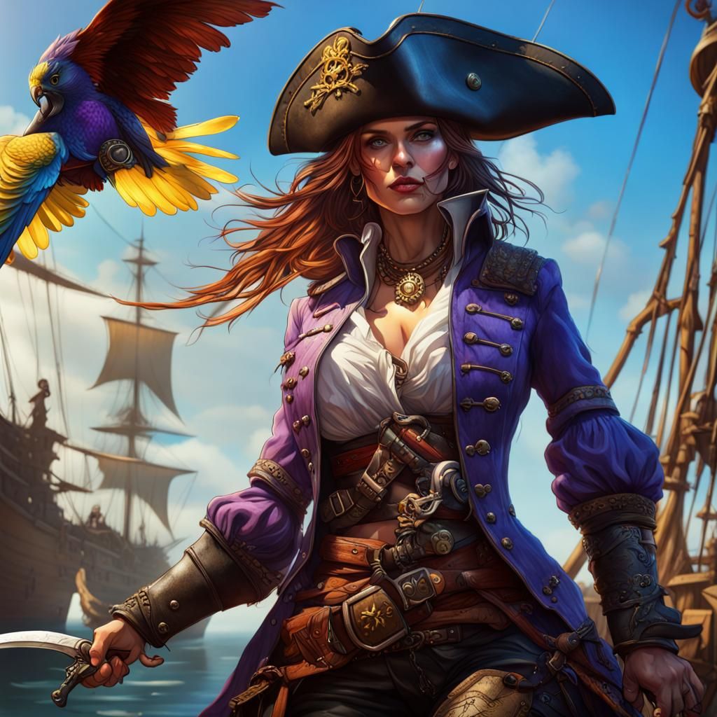Pirate with Scar Fights Parrot in Dark Fantasy Art