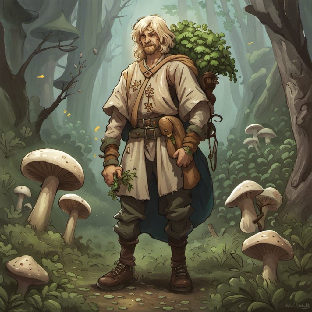 Human Cleric Herbalist in Mushroom Forest, Fantasy Art