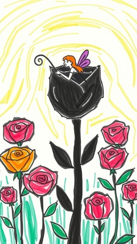 Childlike Crayon Drawing of Halloween Rose and Fairy