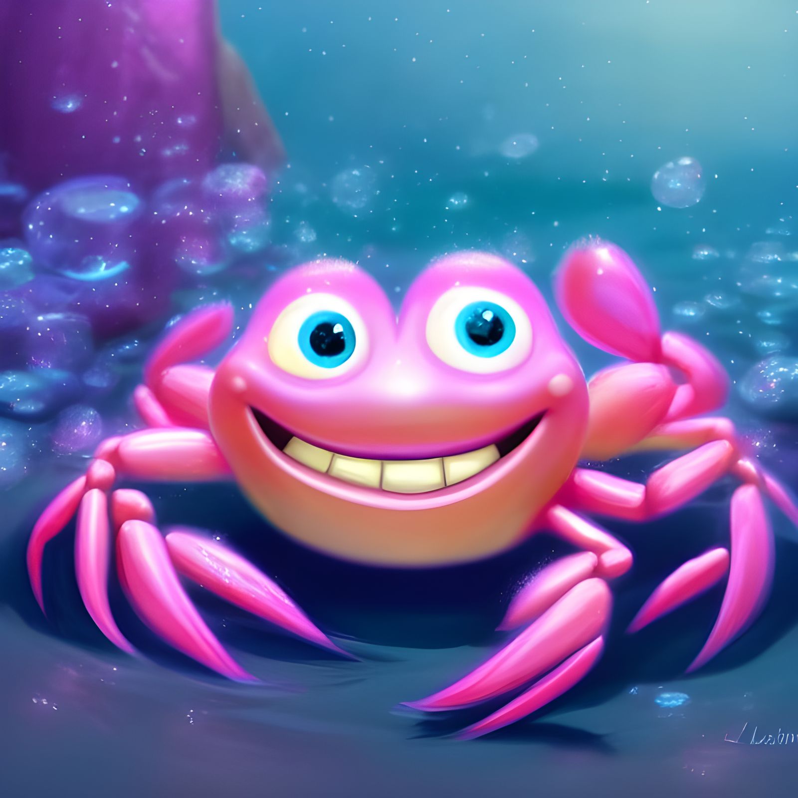 Pixar Style Cheerful Crab in Turquoise Sparkles