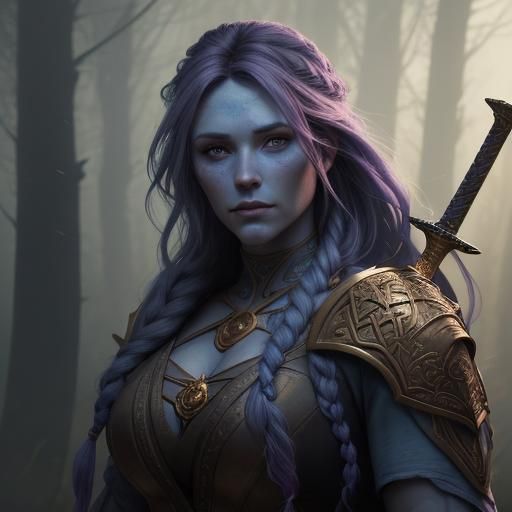 Blue-Skinned Barbarian in Mystical Forest, Old Master Style