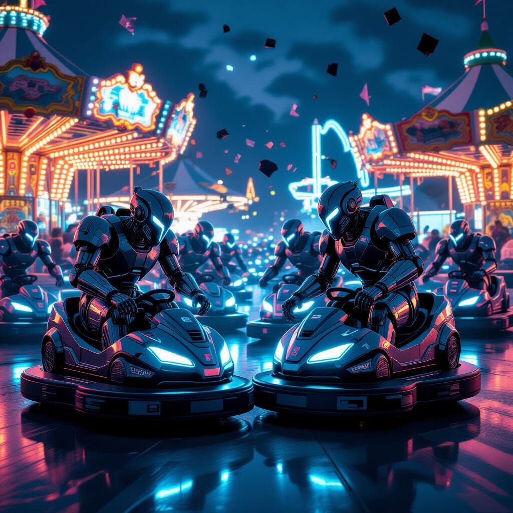 Menacing Robots Crash on Bumper Cars in Neon Funfair