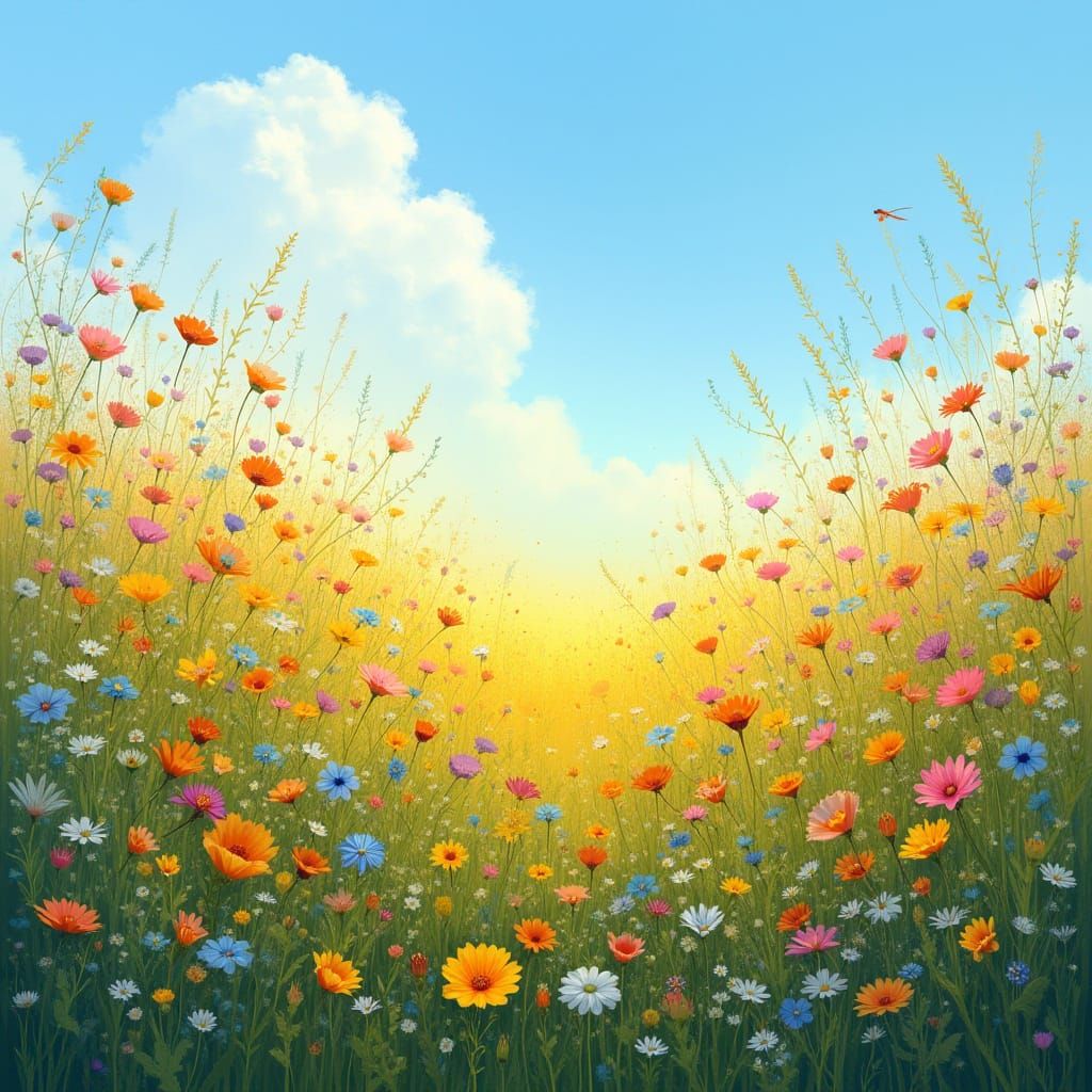 Vibrant Wildflower Meadow Under Golden Sunshine