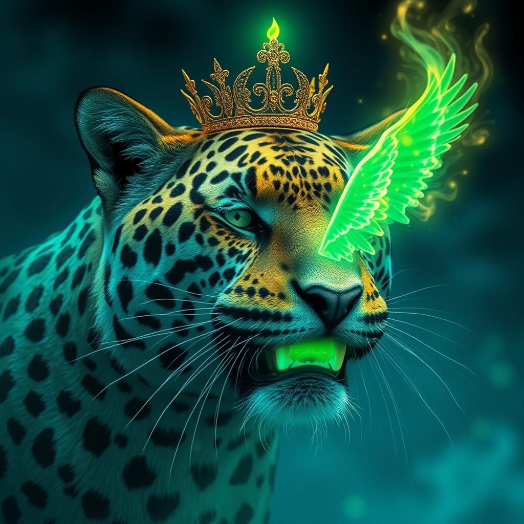 Teal and Blue Cityscape with Leopard and Celestial Elements