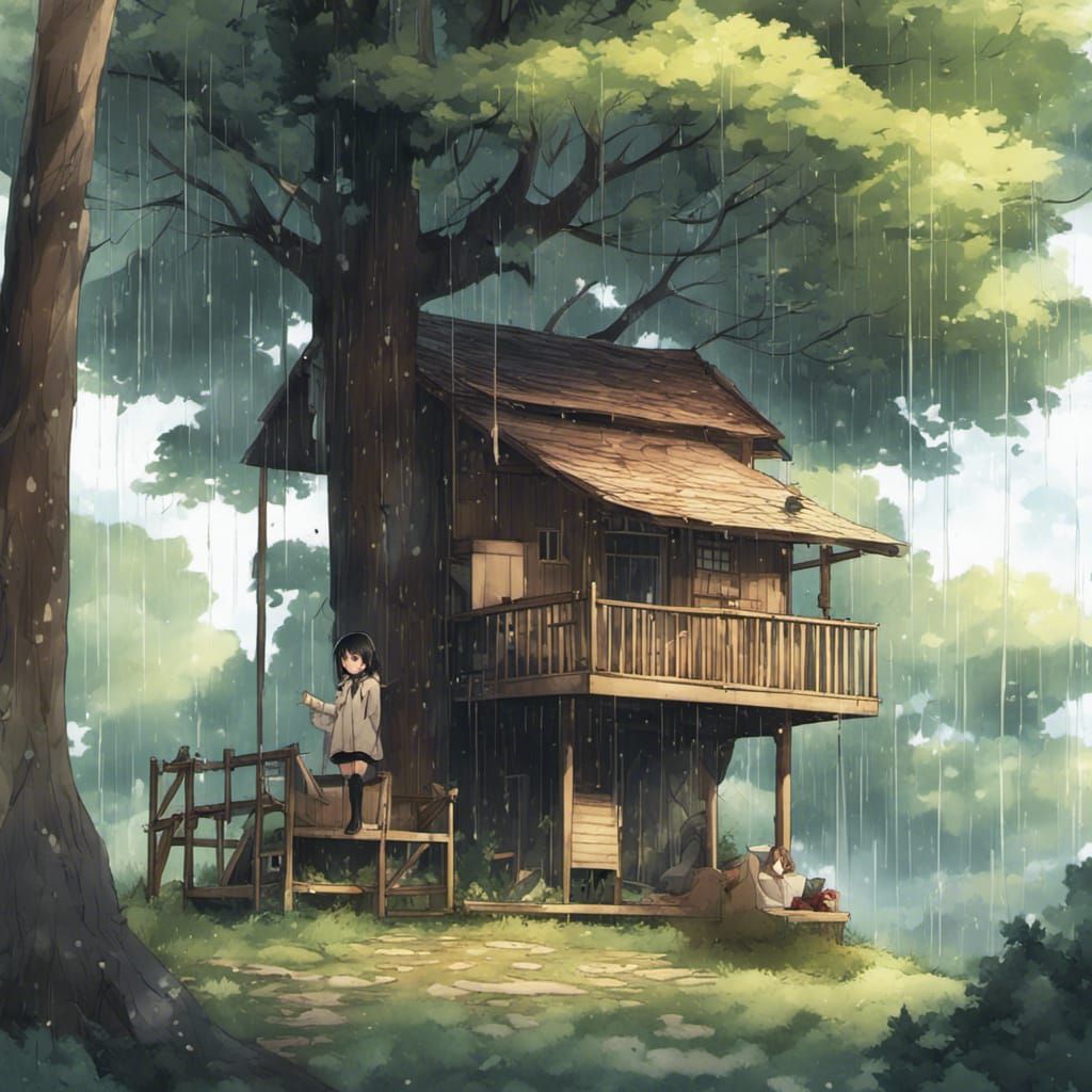 Cozy Tree Cabin with Girl and Dog in Anime Style