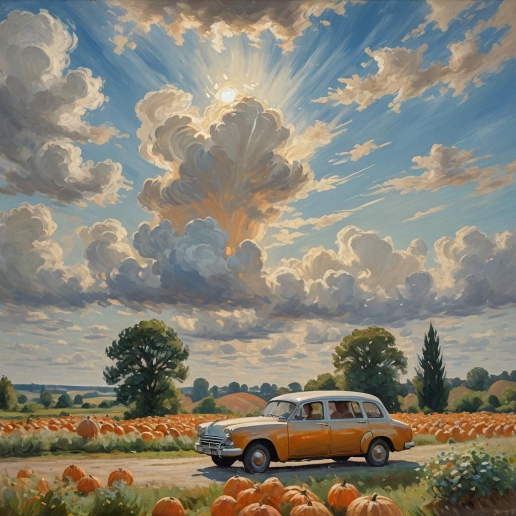 Car Transports Giant Pumpkin in Impressionist Landscape
