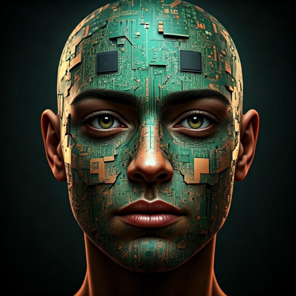 Maximalist Circuit Board Face: Hyperrealistic AI Art