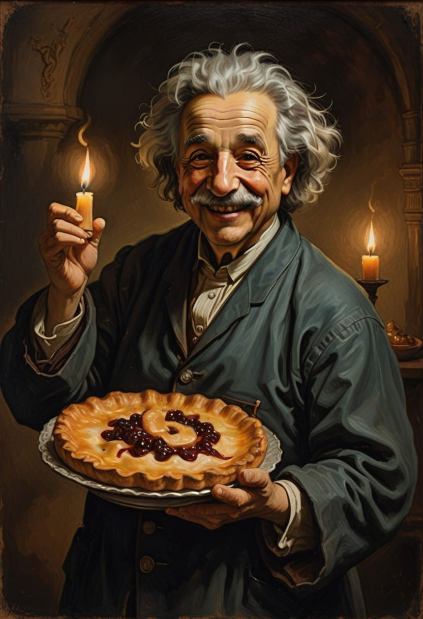 Albert Einstein Smiles with Pi-Themed Pie in Rembrandt-Inspi...