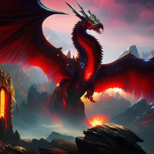 Majestic Red Dragon on Stone Throne, Dark Fantasy Art
