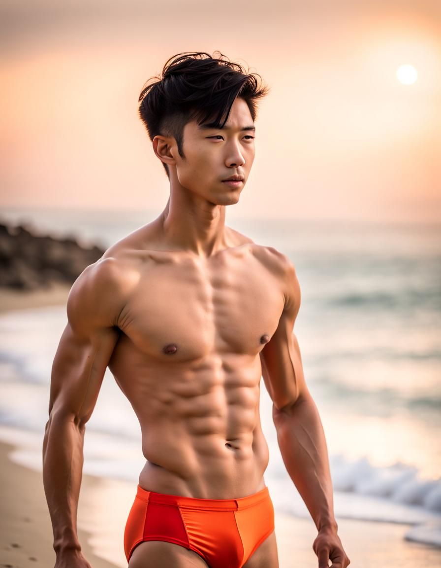 Muscular Asian Man in Speedo on Beach: Sharp Focus