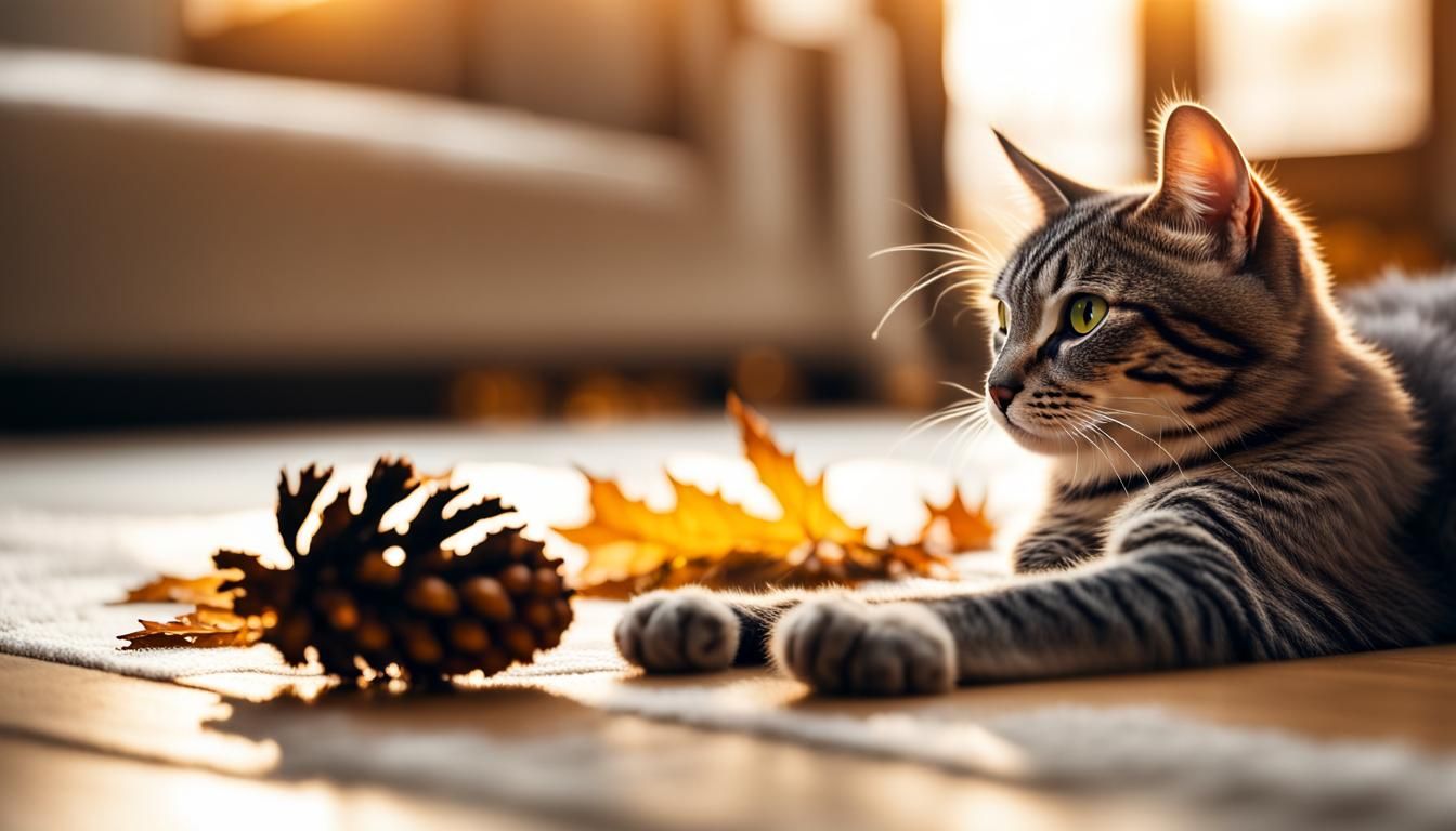 Cat Playing with Pine Cone in Rembrandt Lighting