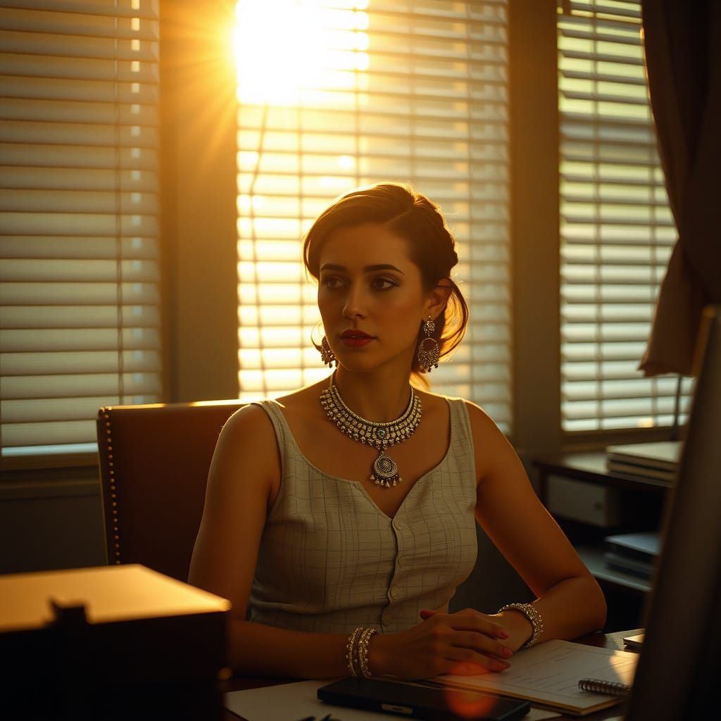 Cinematic Office Portrait with Warm Film Grain