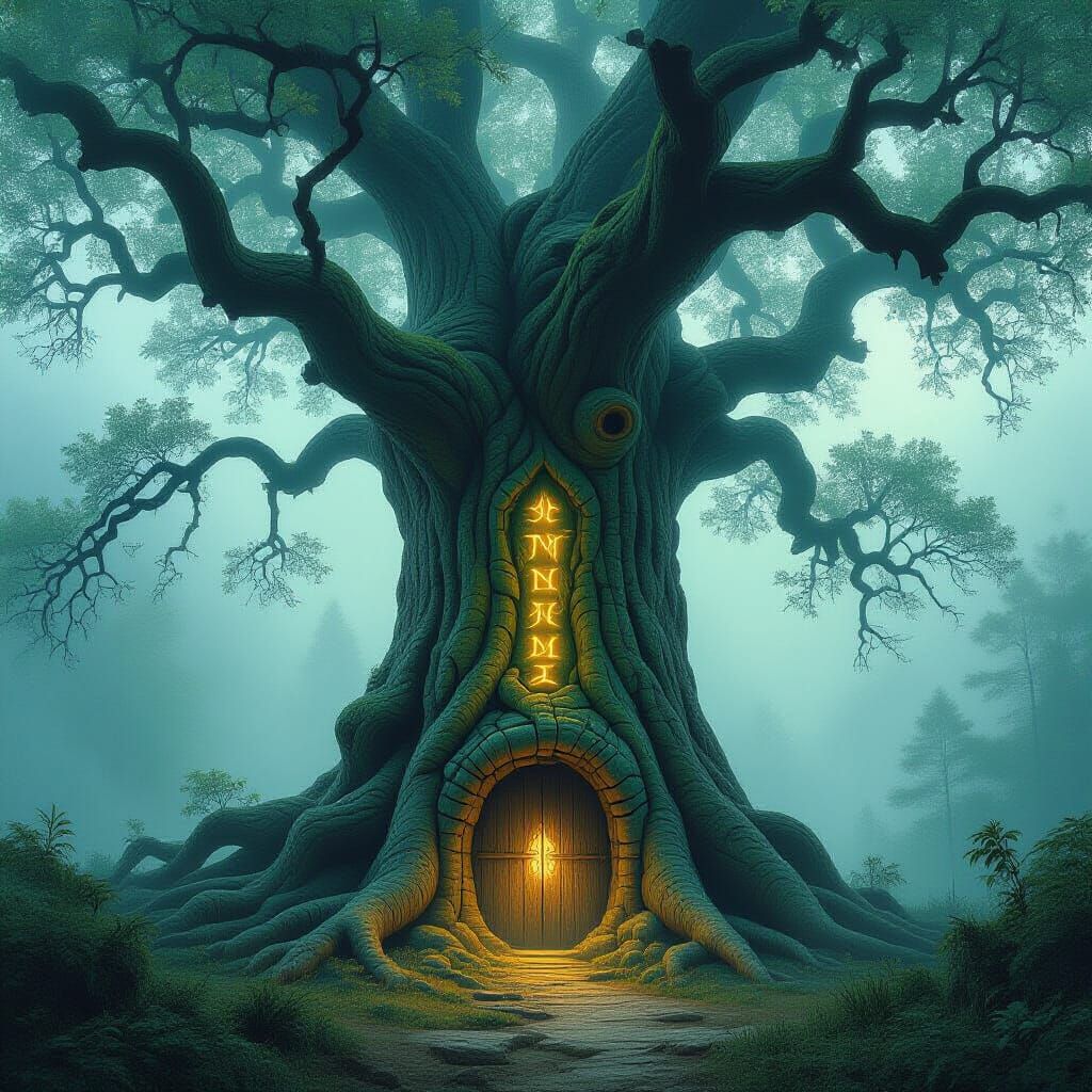 Mystical Ancient Tree with Glowing Runes in Dreamlike Forest