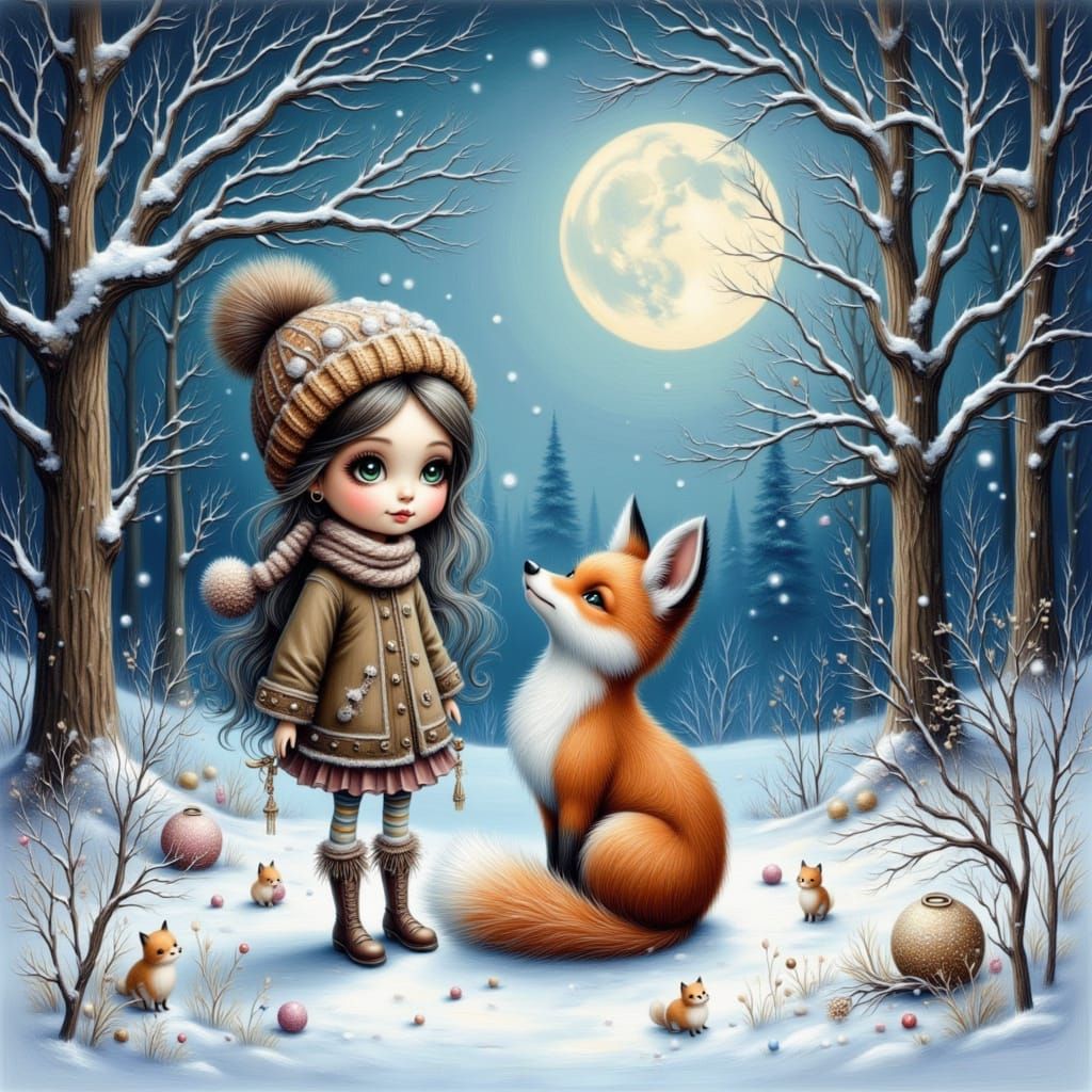Cute Girl with Pet Fox in Snowy Forest