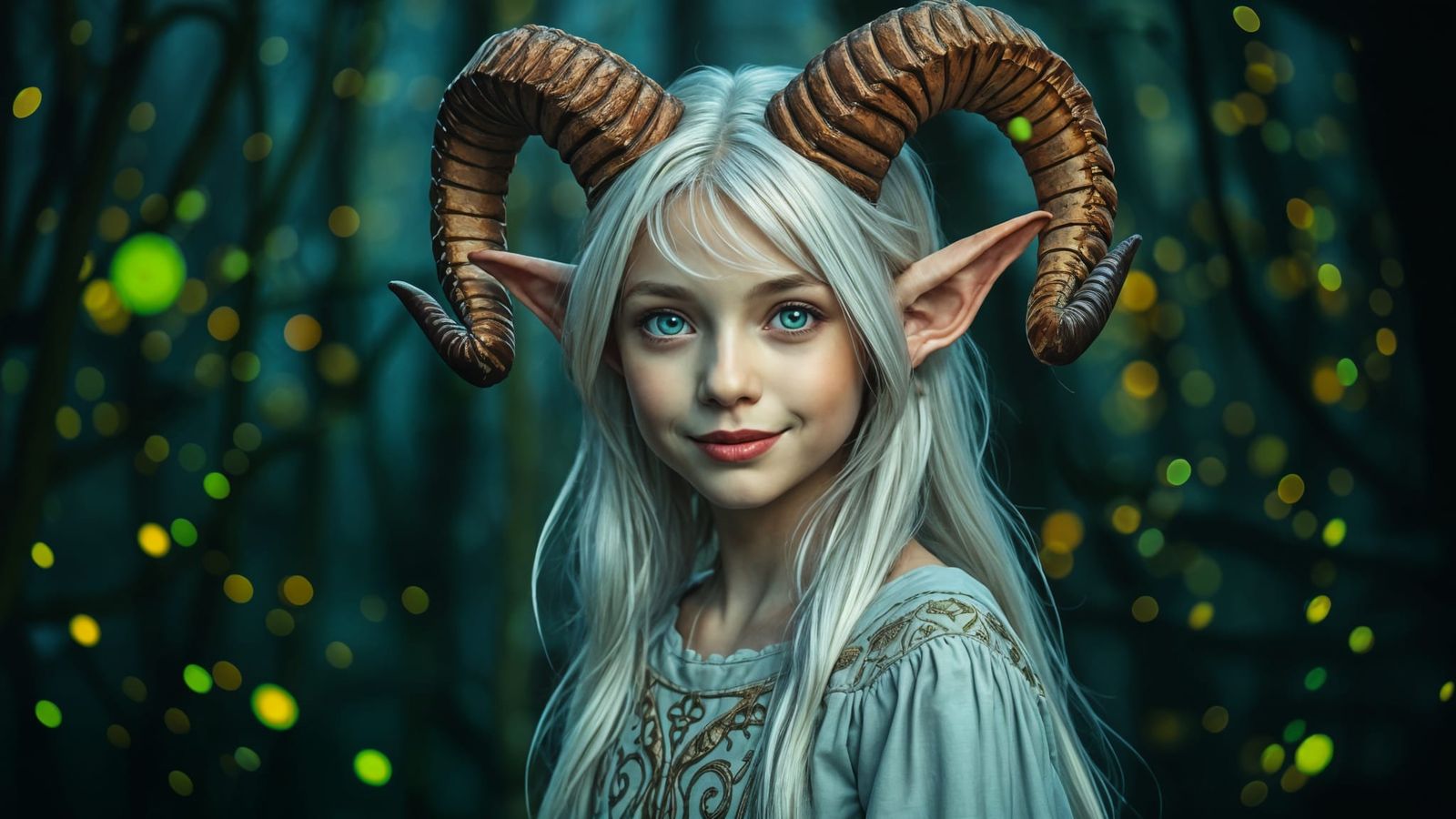 Smiling Elf Goddess with Ram Horns in Forest