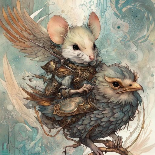 Hawk-Riding Mouse Archer in Ink Flow Art