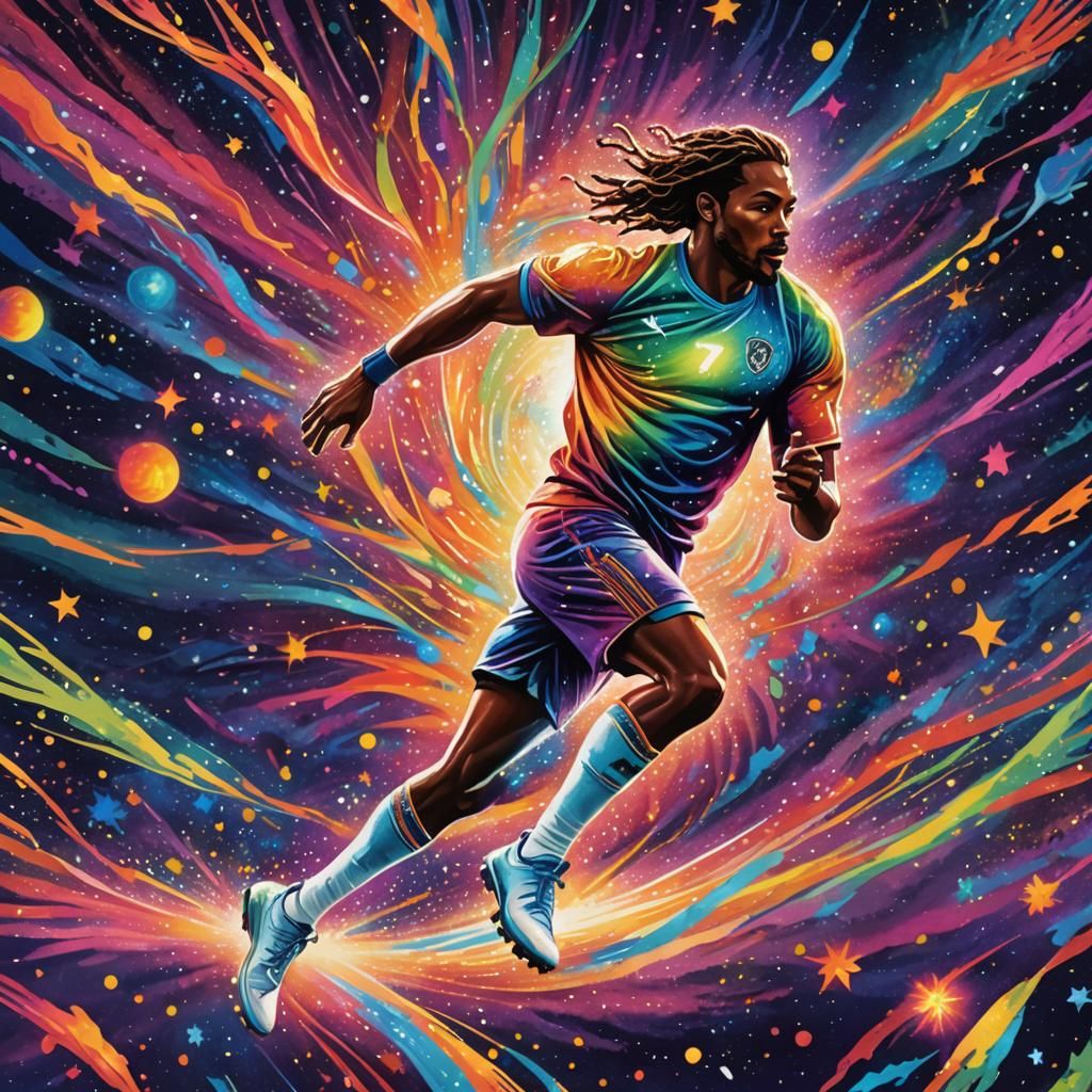 Football Player Runs Through Rainbow Cosmos: Astral Illustra...