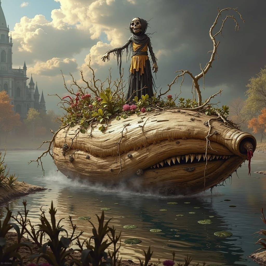 Creepy Scarecrow Guarding Carnivorous Plants in Gothic Garde...