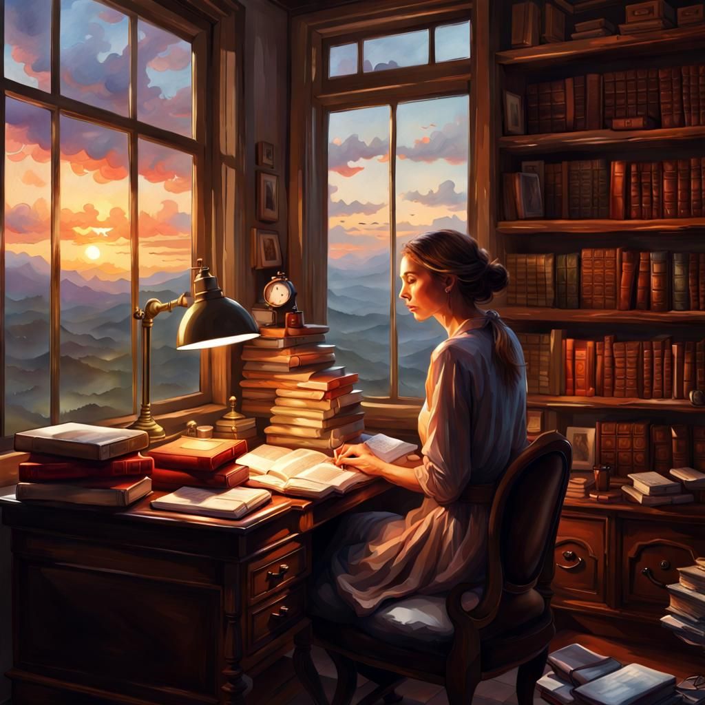 Woman at Desk Gazing at Landscape in Watercolor