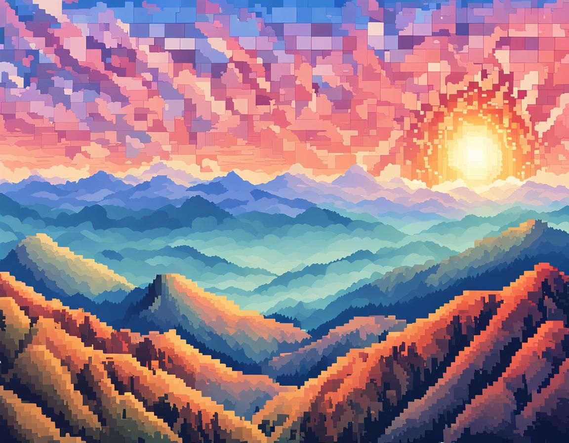 Pixel Art Sunrise Over Blue Ridge Mountains