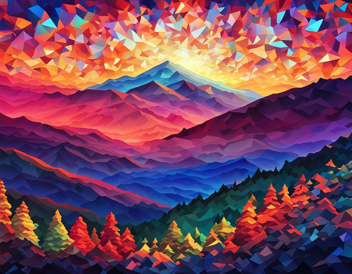 Pixel Art Sunrise Over Blue Ridge Mountains