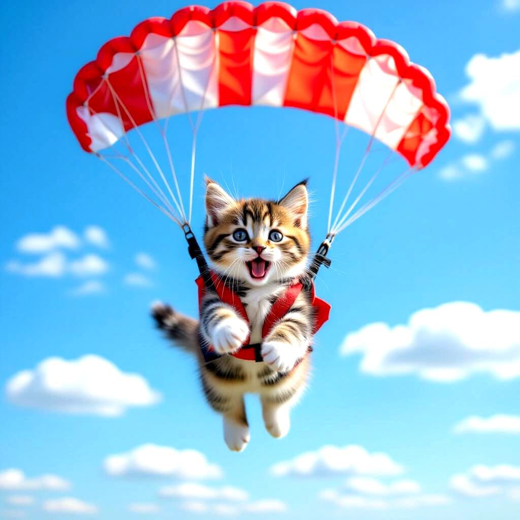 Photorealistic Cheerful Cat Parachutist