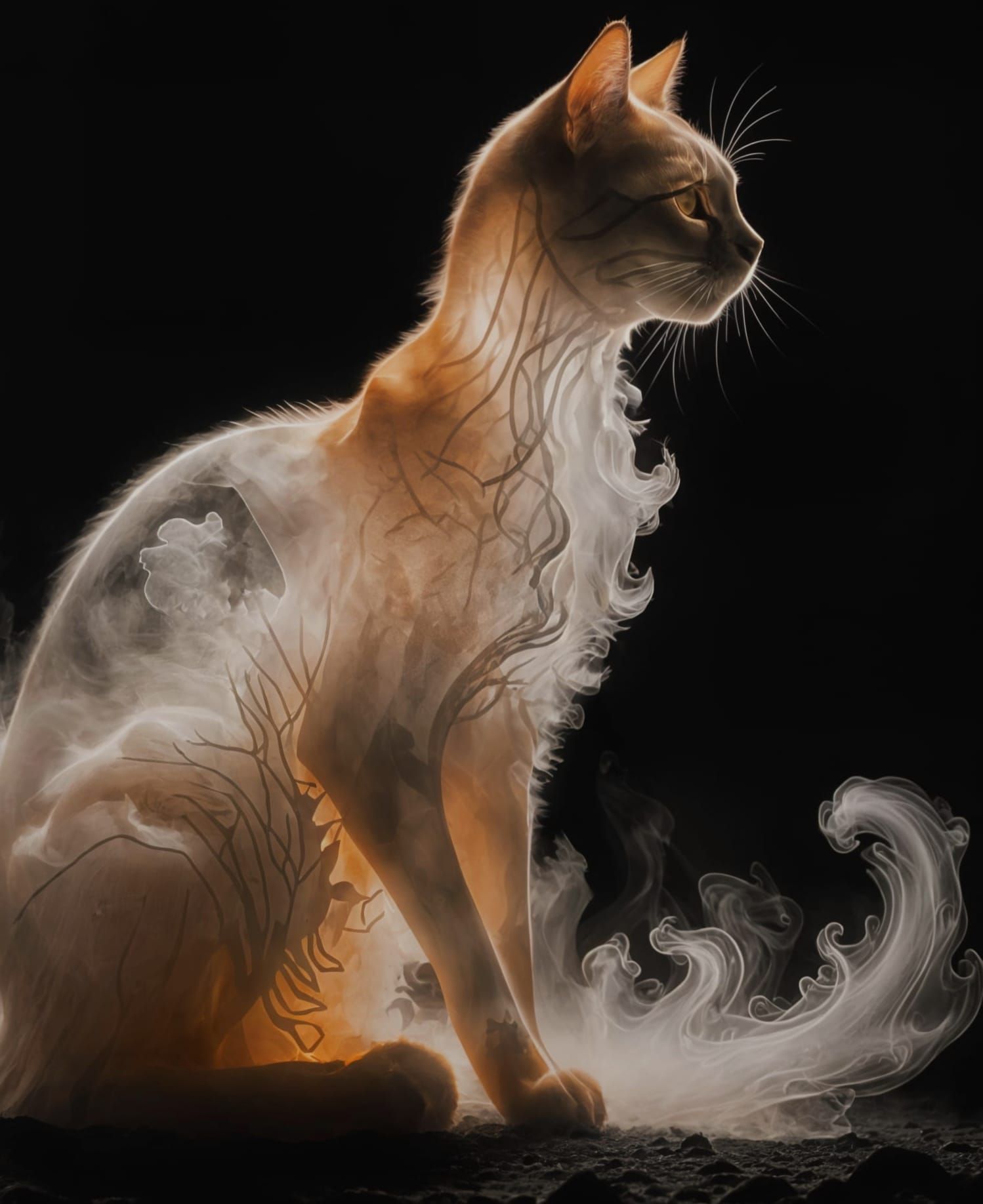 Surreal Cat Silhouette Emerge from Fog in Pastel Hues