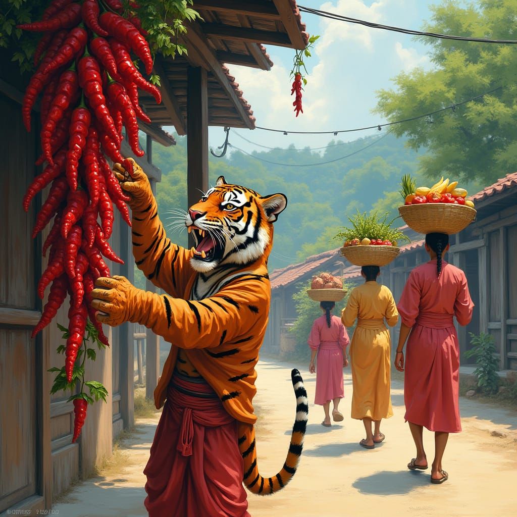 Tiger Reaching for Chillies in Thailand, Bold Brushstrokes