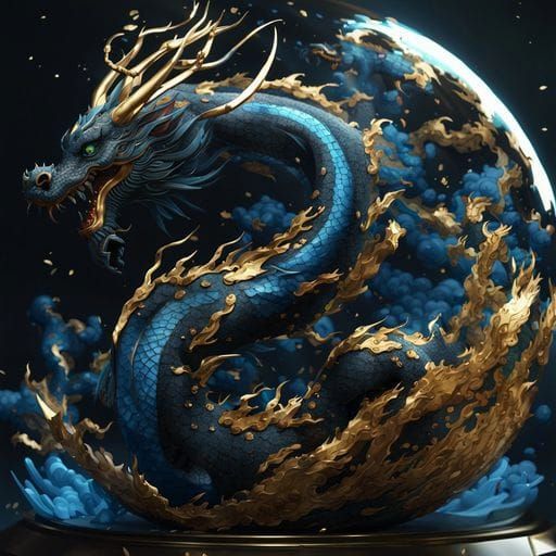 Blue and Black Dragon in Glass Sphere