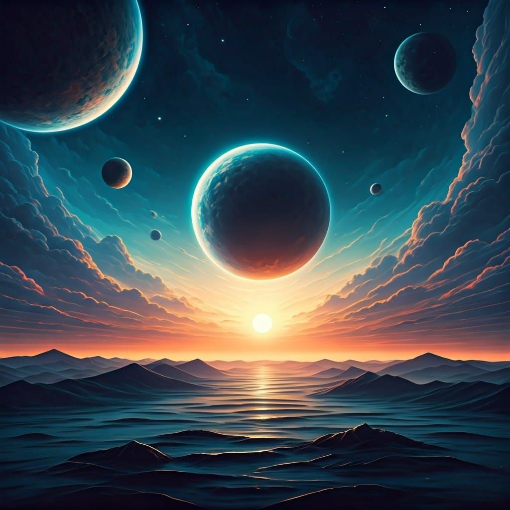 Celestial Parade Above Shimmering Landscape in Dreamy, Surre...