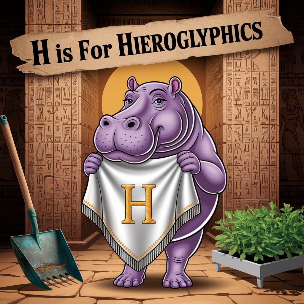 Whimsical Hippo with Handkerchief in Egyptian Tomb