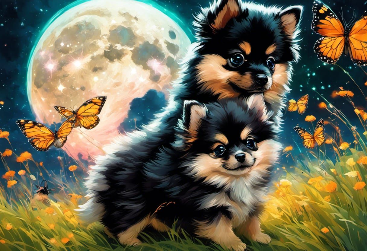 Pomeranian Puppies as Constellations on Bioluminescent Field
