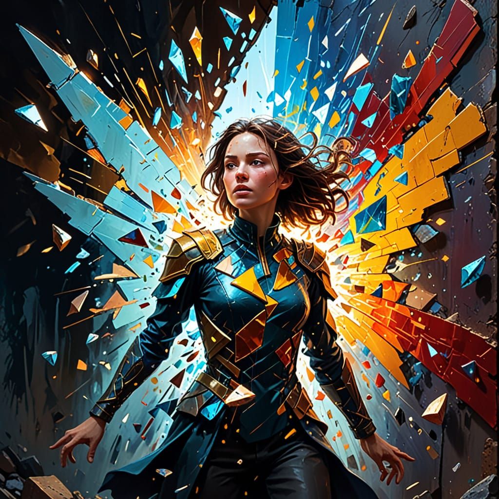 Figure Breaks Wall in Surreal Oil Painting