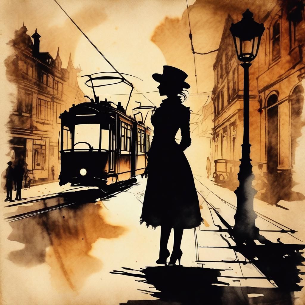 Steampunk Silhouette: Woman and Tram in Ink Painting