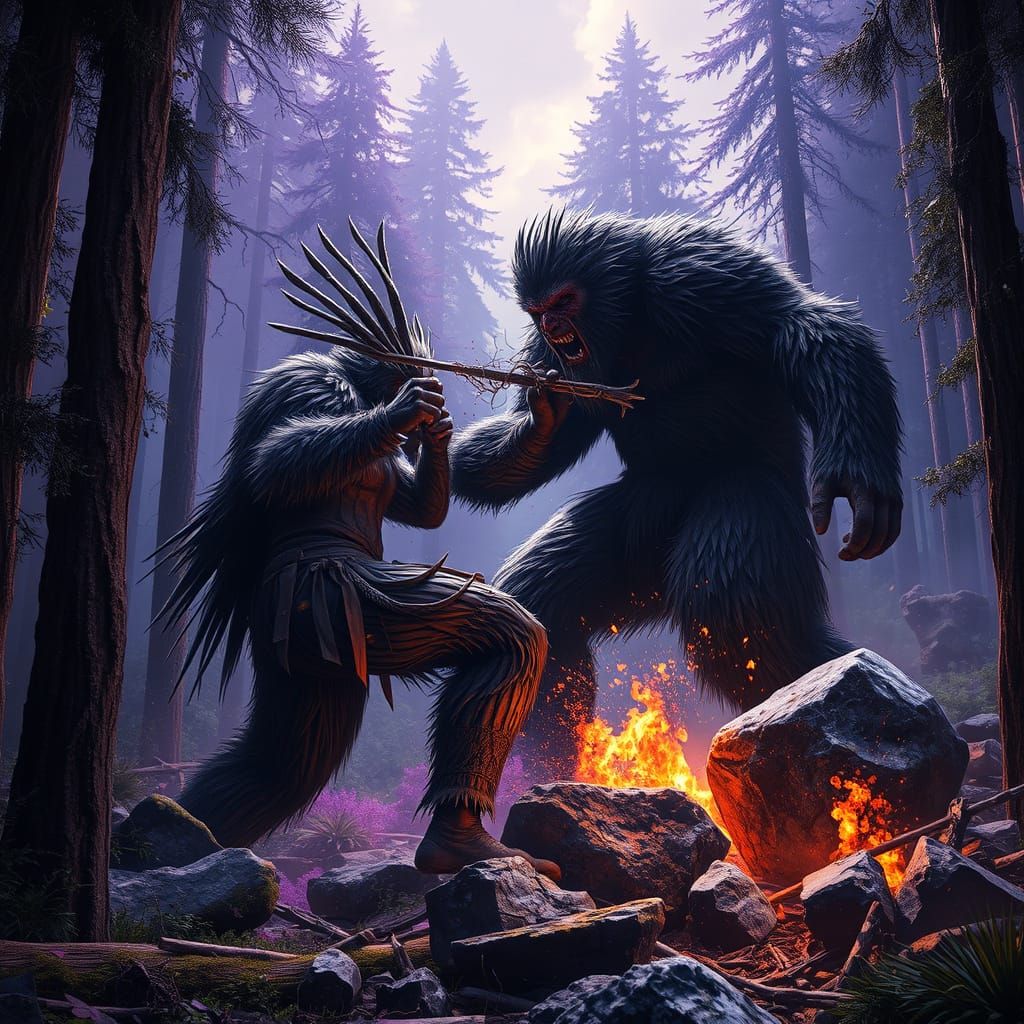 Wendigo and Bigfoot Battle in Dark Forest