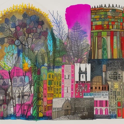 Springtime City Park Collage in Naive Art Style