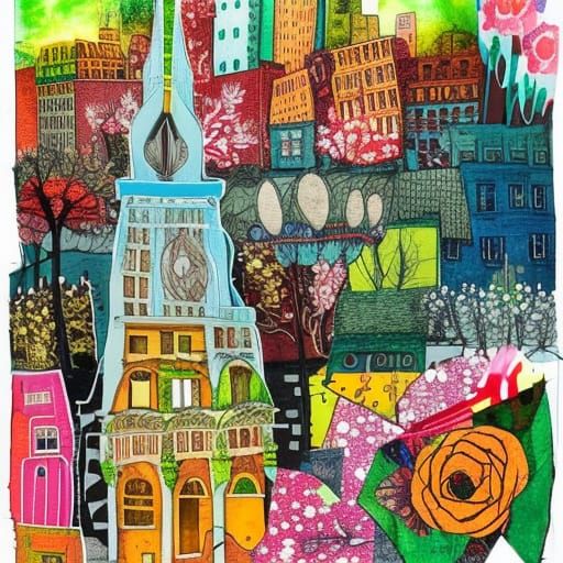 City Spring Collage in Naive Art Style