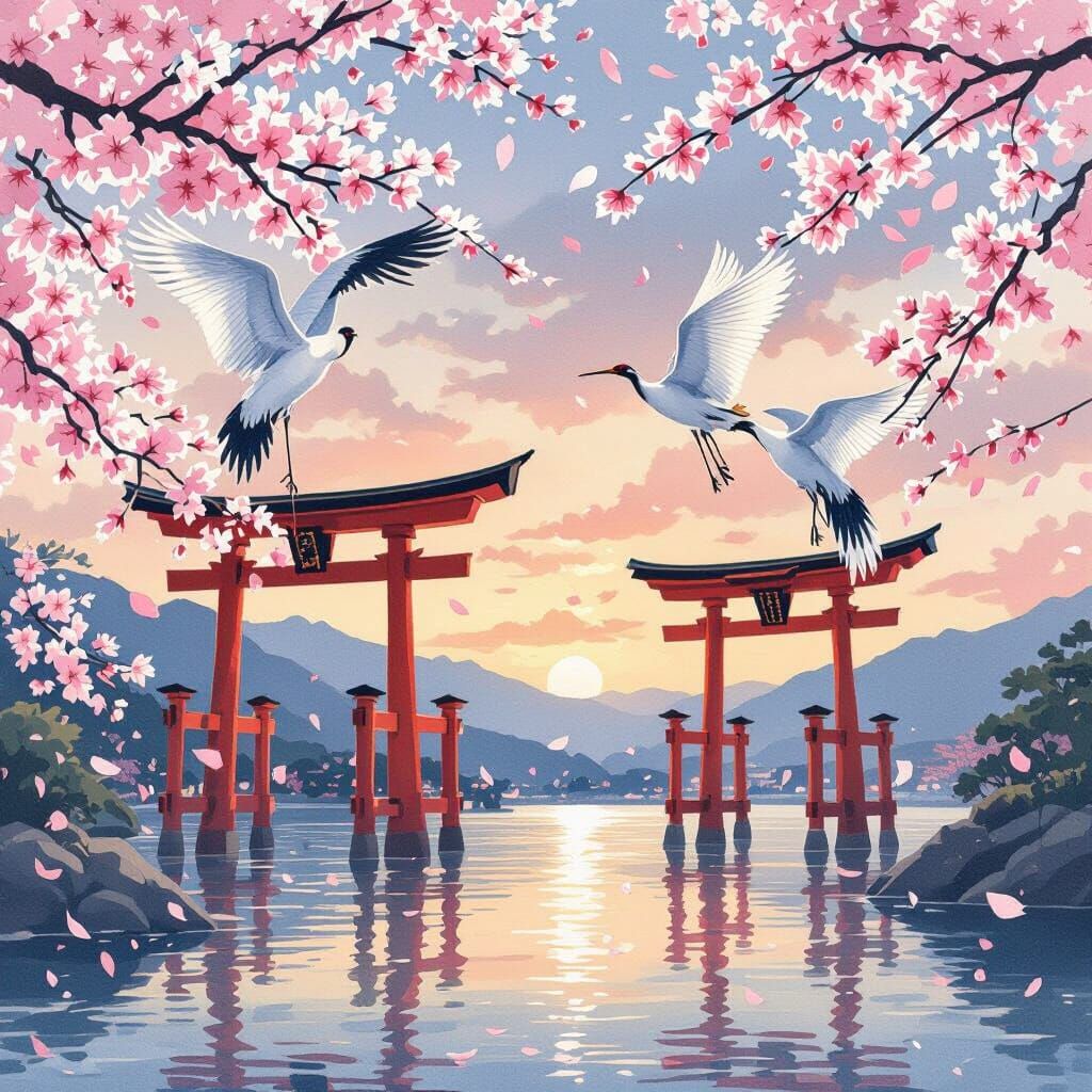 Cranes Soaring Above Torii Gates with Cherry Blossoms
