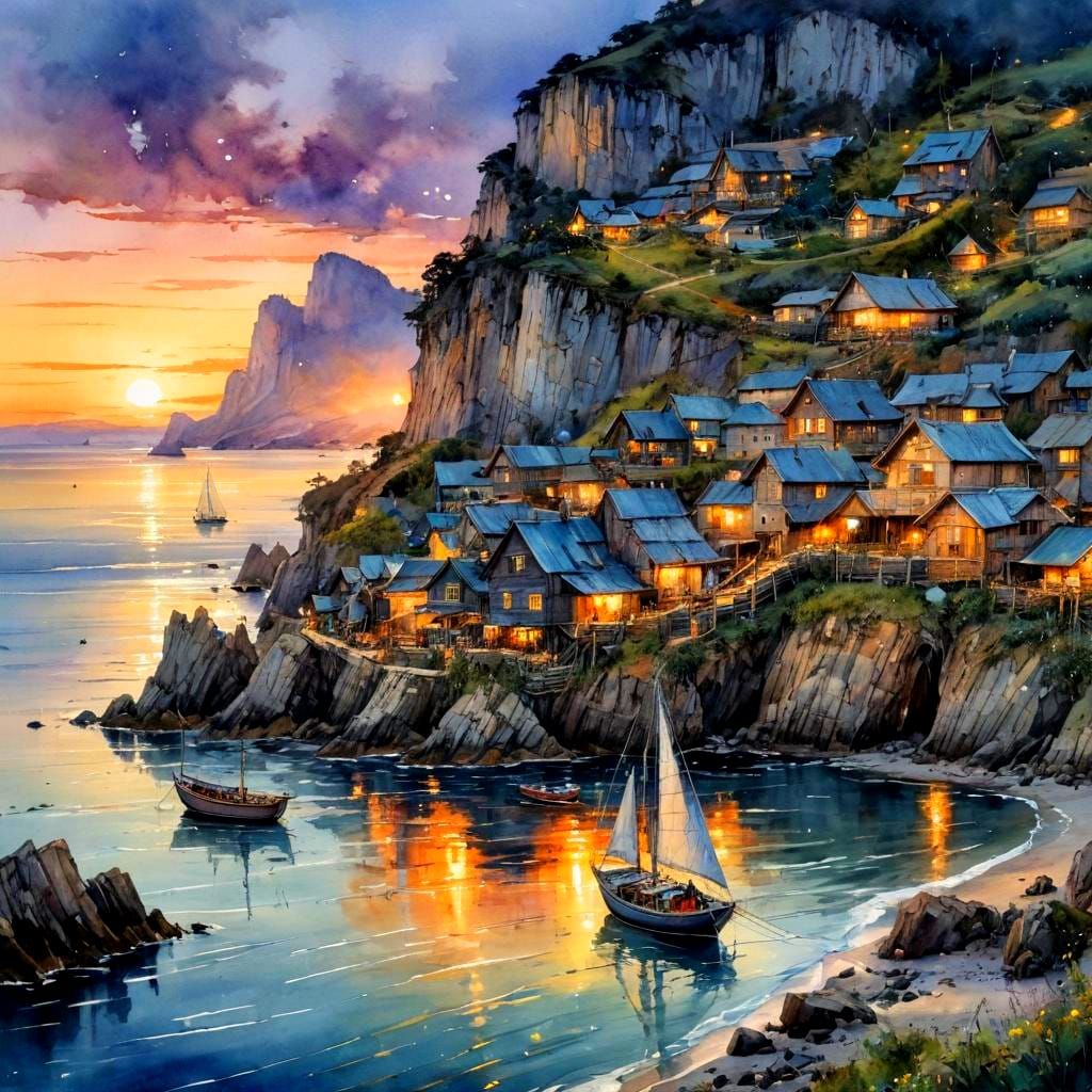 Seaside Village Sunset: Stylized Watercolor Art